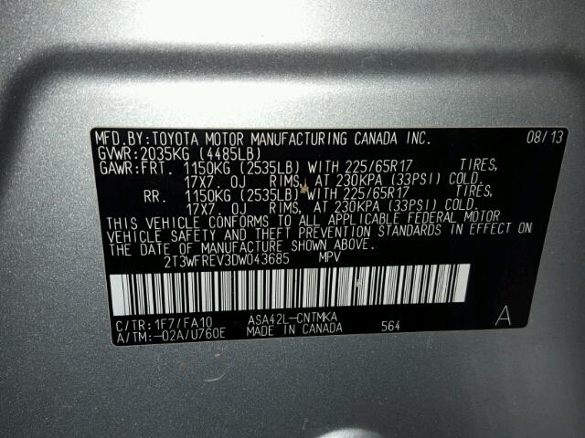 2T3WFREV3DW043685 - 2013 TOYOTA RAV4 银色 照片 10