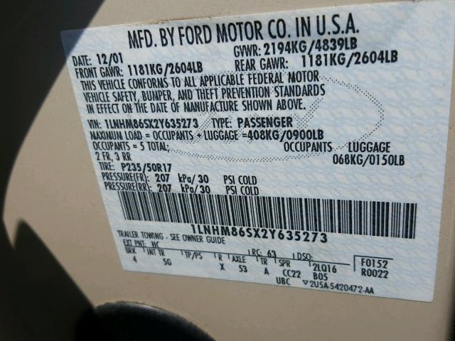 1LNHM86SX2Y635273 - 2002 LINCOLN LS თაფლისფერი ფოტო 10