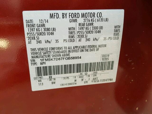 1FM5K7D87FGB58954 - 2015 FORD EXPLORER RED photo 10