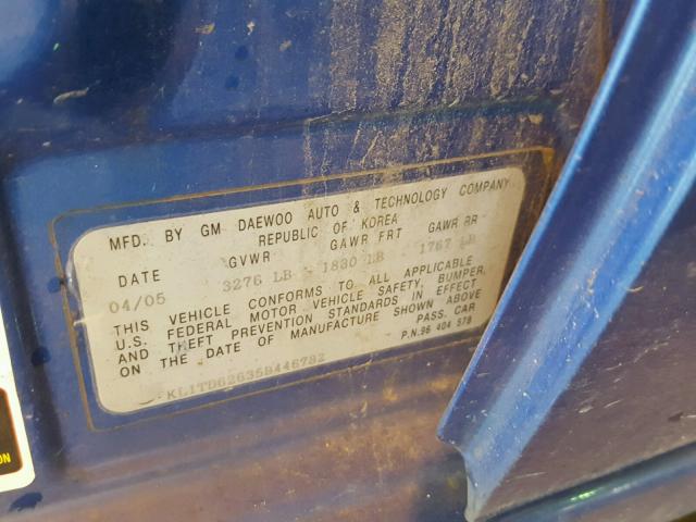 KL1TD62635B446782 - 2005 CHEVROLET AVEO BASE Niebieski zdjęcie 10