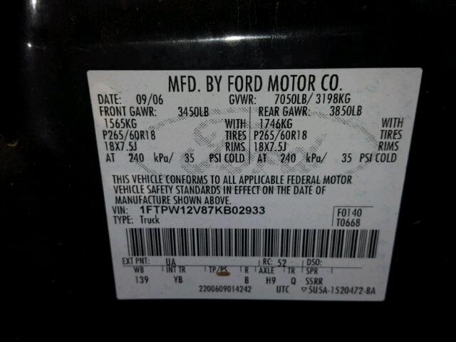 1FTPW12V87KB02933 - 2007 FORD F150 SUPER BLACK photo 10