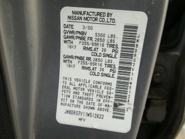 JN8DR07Y11W512422 - 2001 NISSAN PATHFINDER SILVER photo 10