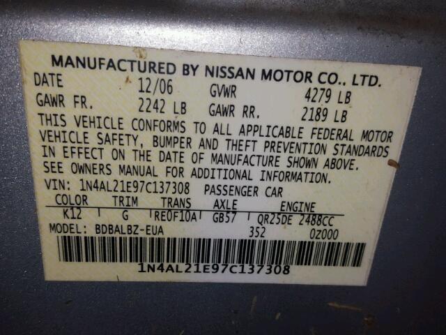 1N4AL21E97C137308 - 2007 NISSAN ALTIMA 2.5 SILVER photo 10