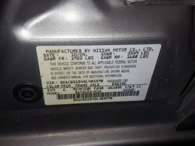 3N1CB51D45L485598 - 2005 NISSAN SENTRA GOLD photo 10