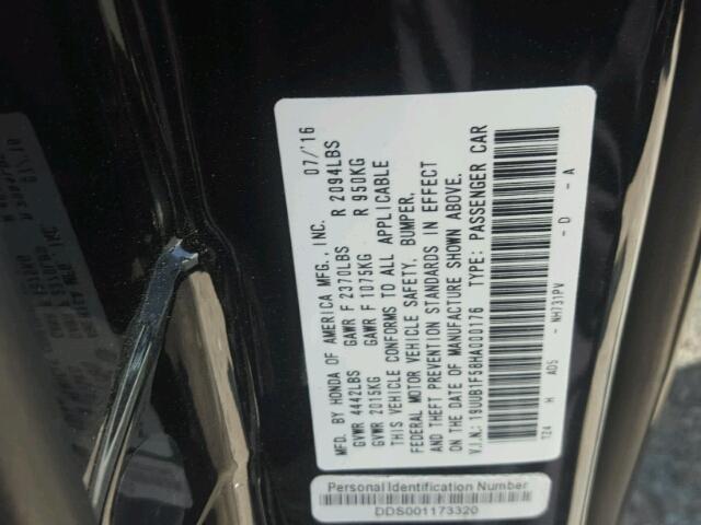 19UUB1F58HA000176 - 2017 ACURA TLX TECH BLACK photo 10