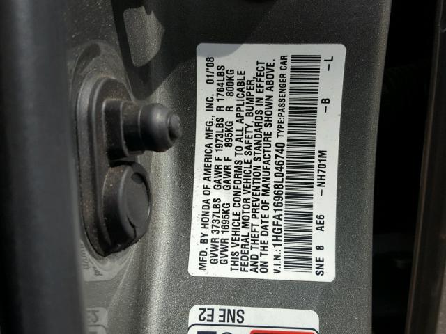 1HGFA16968L046740 - 2008 HONDA CIVIC EXL SILVER photo 10