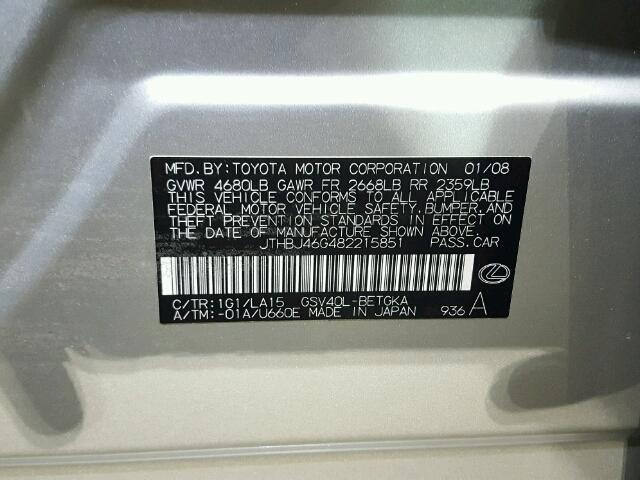 JTHBJ46G482215851 - 2008 LEXUS ES 350 SILVER photo 10