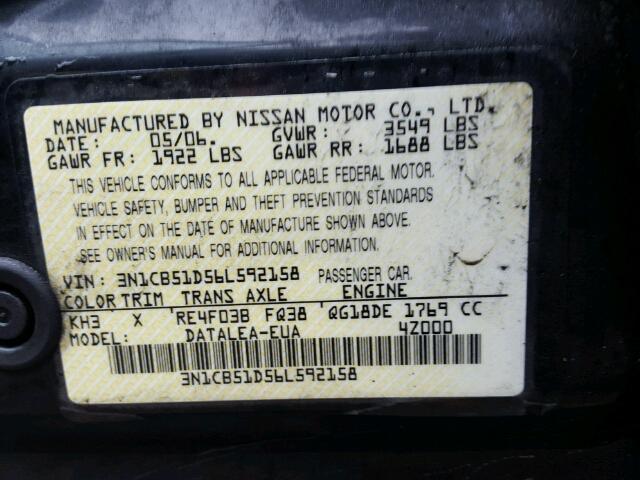 3N1CB51D56L592158 - 2006 NISSAN SENTRA 1.8 BEIGE photo 10