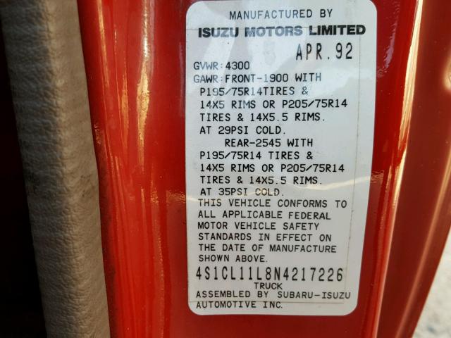 4S1CL11L8N4217226 - 1992 ISUZU CONVENTION RED photo 10