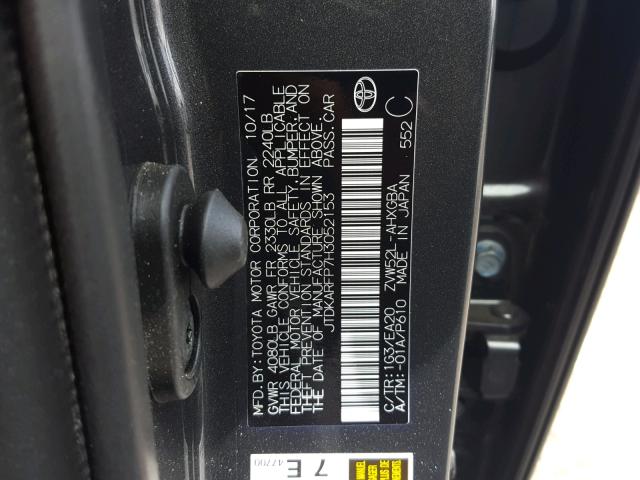 JTDKARFP7H3052153 - 2017 TOYOTA PRIUS PRIM 灰色 照片 10