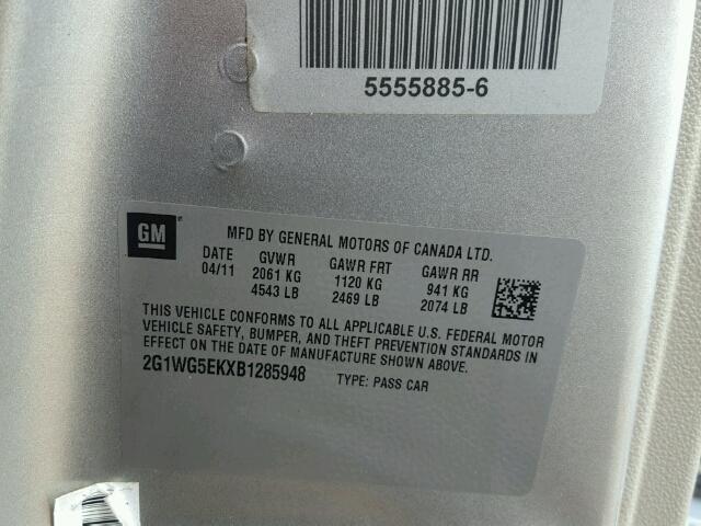 2G1WG5EKXB1285948 - 2011 CHEVROLET IMPALA LT Արծաթագույն լուսանկար 10