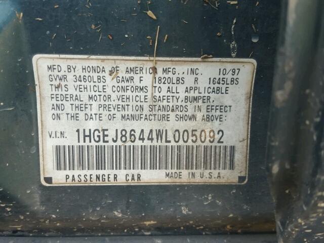 1HGEJ8644WL005092 - 1998 HONDA CIVIC EX მწვანე ფოტო 10