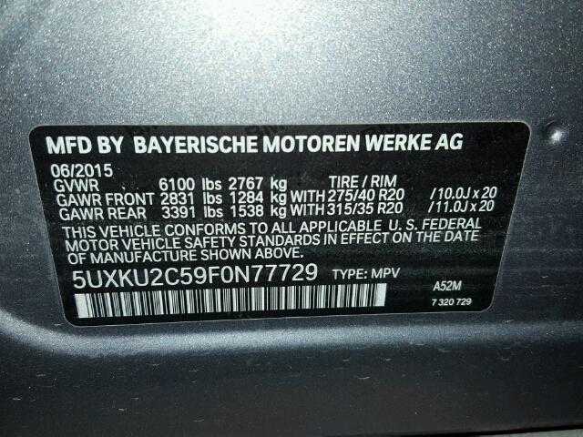 5UXKU2C59F0N77729 - 2015 BMW X6 GRAY photo 10