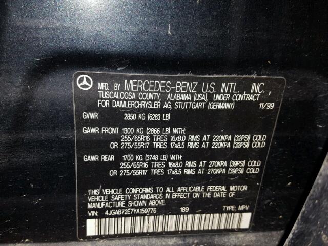 4JGAB72E7YA159776 - 2000 MERCEDES-BENZ ML 430 BLUE photo 10