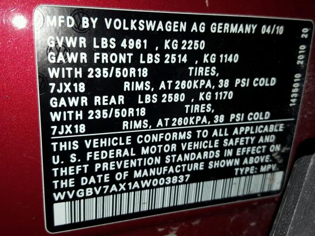 WVGBV7AX1AW003837 - 2010 VOLKSWAGEN TIGUAN SE 栗色 照片 10