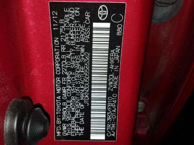 JTDKN3DU5D5565362 - 2013 TOYOTA PRIUS RED photo 10