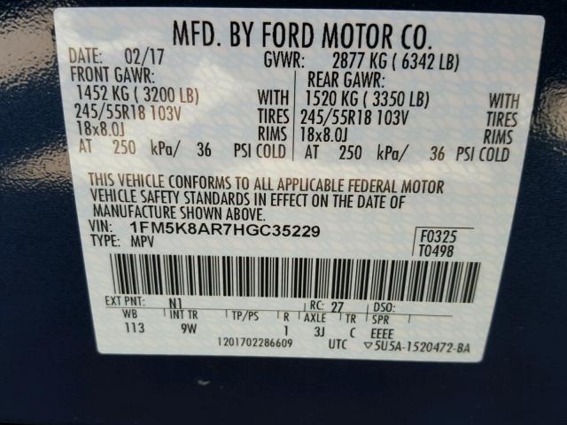 1FM5K8AR7HGC35229 - 2017 FORD EXPLORER P BLUE photo 10