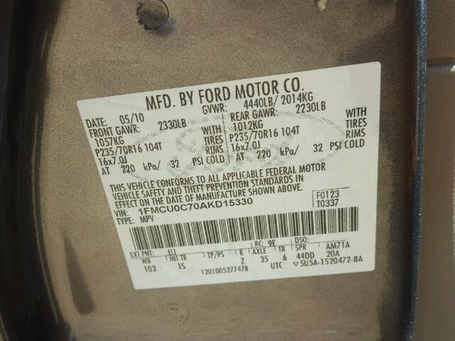 1FMCU0C70AKD15330 - 2010 FORD ESCAPE XLS GRAY photo 10