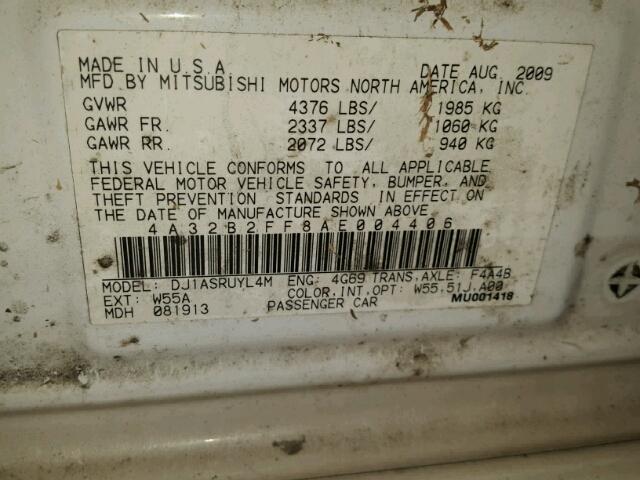 4A32B2FF8AE004406 - 2010 MITSUBISHI GALANT WHITE photo 10