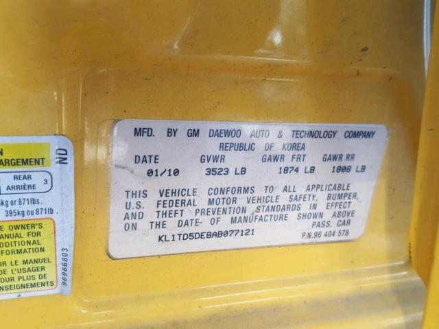 KL1TD5DE8AB077121 - 2010 CHEVROLET AVEO LS YELLOW photo 10