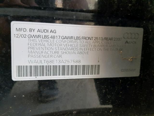 WAULT68E13A257588 - 2003 AUDI A4 3.0 QUA BLACK photo 10