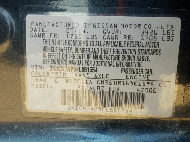 3N1CN7AP9FL851554 - 2015 NISSAN VERSA S GRAY photo 10