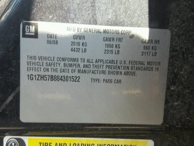 1G1ZH57B884301522 - 2008 CHEVROLET MALIBU 1LT შავი ფოტო 10