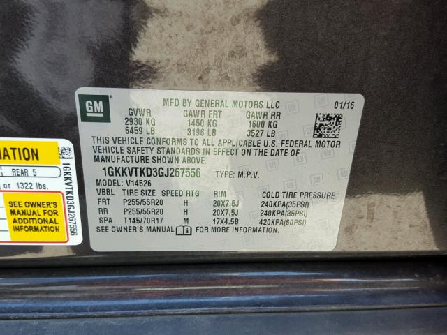 1GKKVTKD3GJ267556 - 2016 GMC ACADIA DEN CHARCOAL photo 10