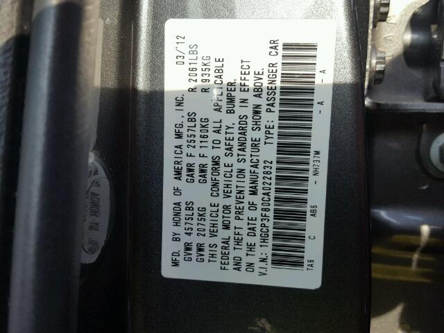 1HGCP3F80CA022832 - 2012 HONDA ACCORD EXL GRAY photo 10
