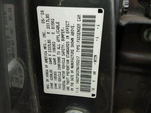 1HGCP26379A150217 - 2009 HONDA ACCORD GRAY photo 10