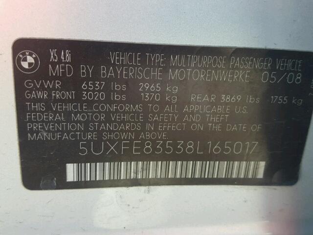 5UXFE83538L165017 - 2008 BMW X5 4.8I SILVER photo 10