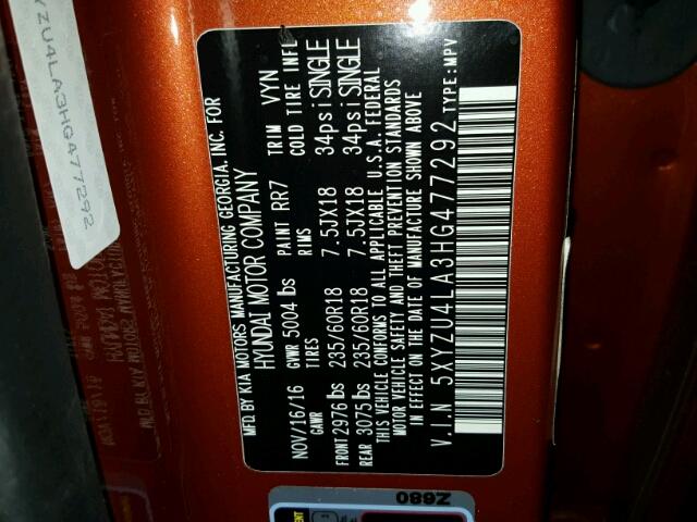 5XYZU4LA3HG477292 - 2017 HYUNDAI SANTA FE S 橙色 照片 10