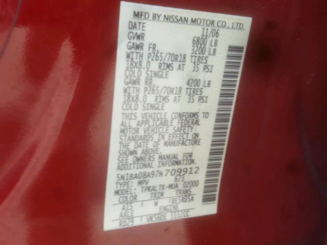 5N1BA08A97N709912 - 2007 NISSAN ARMADA SE RED photo 10