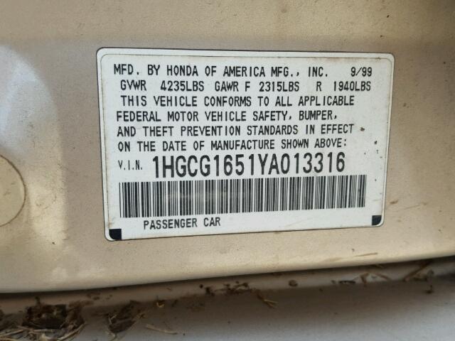 1HGCG1651YA013316 - 2000 HONDA ACCORD EX GOLD photo 10