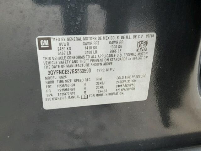 3GYFNCE37GS533590 - 2016 CADILLAC SRX PERFOR CHARCOAL photo 10