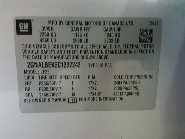 2GNALBEK5C1332243 - 2012 CHEVROLET EQUINOX LS SILVER photo 10