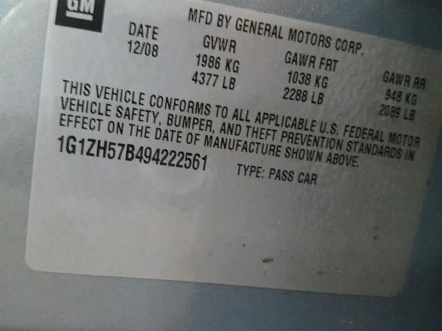 1G1ZH57B494222561 - 2009 CHEVROLET MALIBU 1LT BLUE photo 10