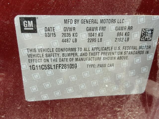 1G11C5SL1FF281059 - 2015 CHEVROLET MALIBU 1LT 红色 照片 10