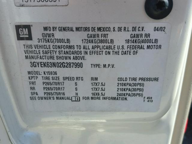 3GYEK63N02G287990 - 2002 CADILLAC ESCALADE CREAM photo 10