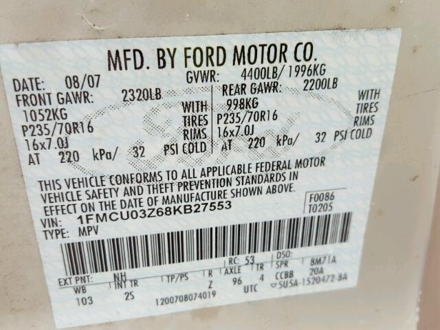 1FMCU03Z68KB27553 - 2008 FORD ESCAPE TAN photo 10