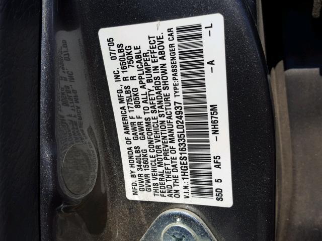 1HGES16335L024937 - 2005 HONDA CIVIC DX V GRAY photo 10