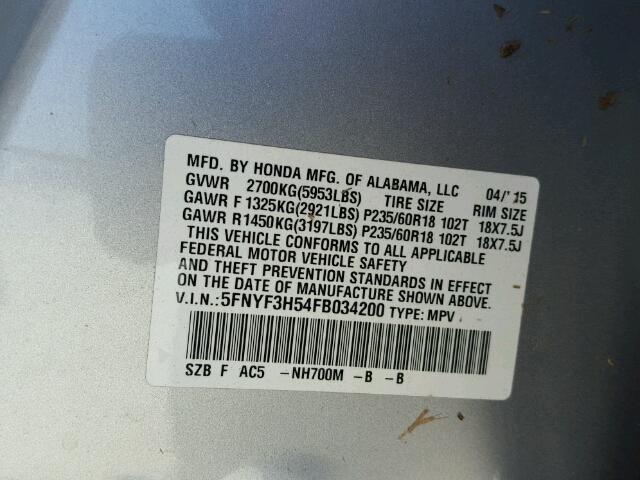 5FNYF3H54FB034200 - 2015 HONDA PILOT EXL SILVER photo 10