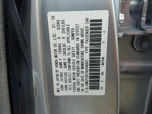 JHMCP26878C046807 - 2008 HONDA ACCORD SILVER photo 10