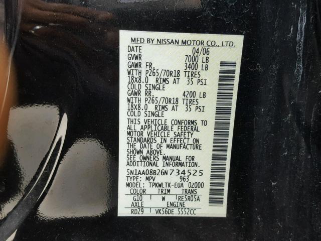 5N1AA08B26N734525 - 2006 NISSAN ARMADA SE BLACK photo 10