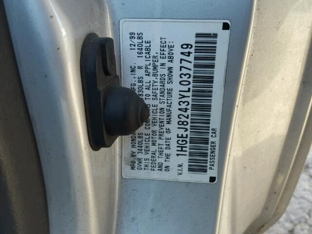 1HGEJ8243YL037749 - 2000 HONDA CIVIC EX ვერცხლისფერი ფოტო 10