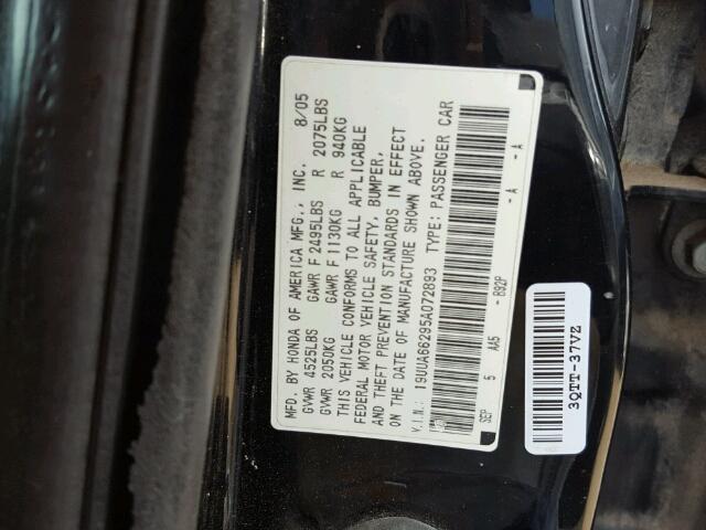 19UUA66295A072893 - 2005 ACURA TL BLACK photo 10