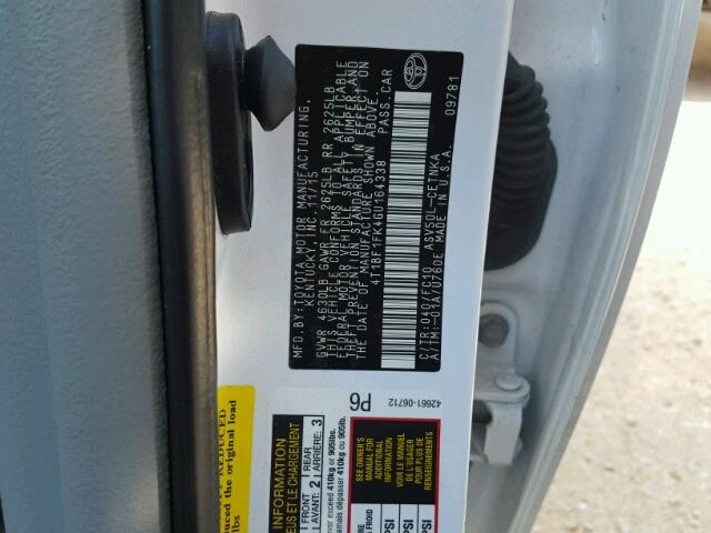 4T1BF1FK4GU164338 - 2016 TOYOTA CAMRY LE 白色 照片 10