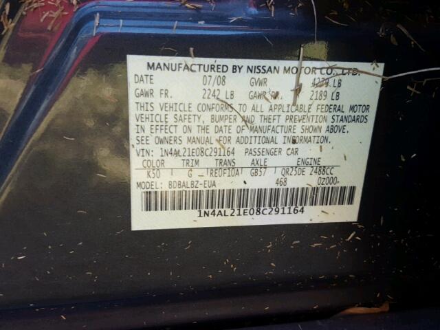 1N4AL21E08C291164 - 2008 NISSAN ALTIMA BLACK photo 10