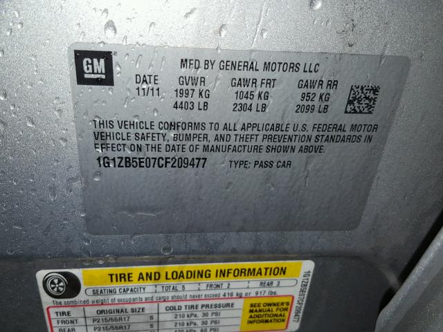 1G1ZB5E07CF209477 - 2012 CHEVROLET MALIBU LS ვერცხლისფერი ფოტო 10