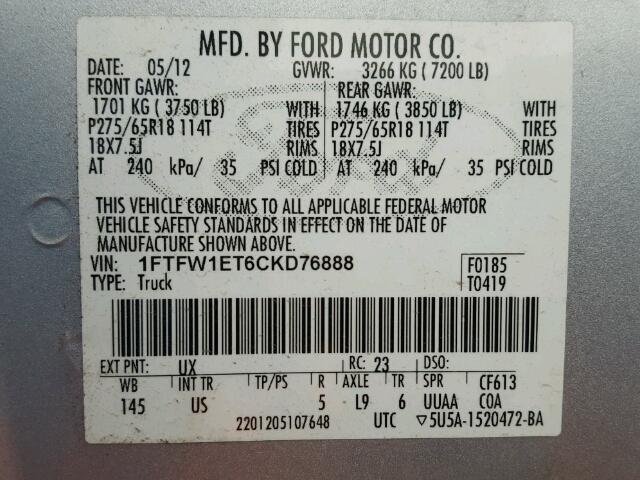 1FTFW1ET6CKD76888 - 2012 FORD F150 SILVER photo 10